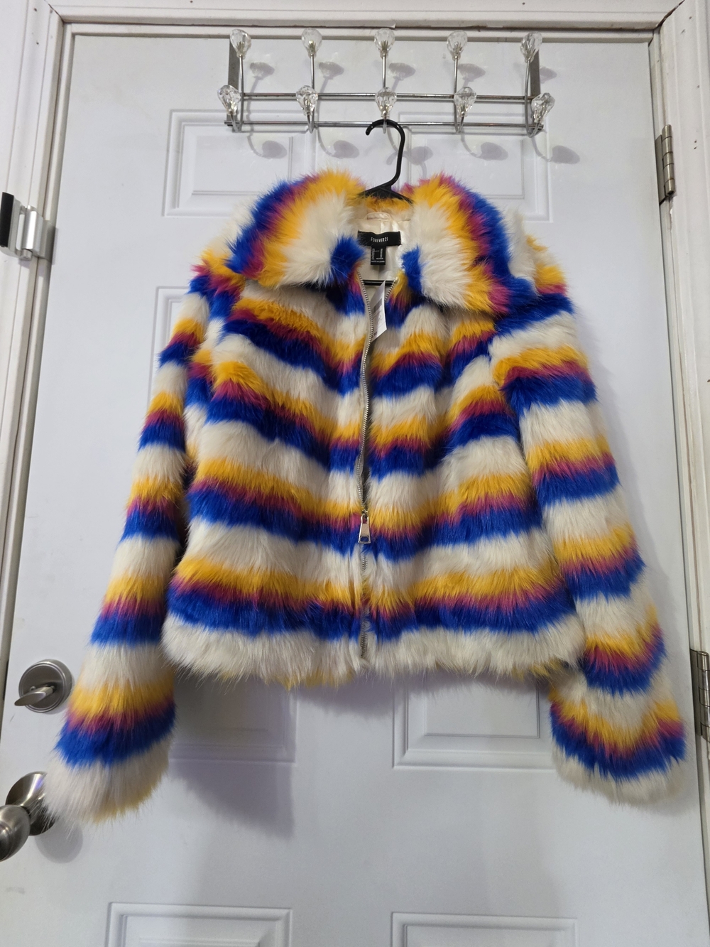NWT Forever 21 Multicolor Striped Faux Fur Colorblock Jacket M